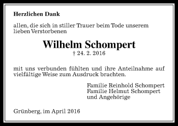 Traueranzeige von Wilhelm Schompert von  Gießener Anzeiger