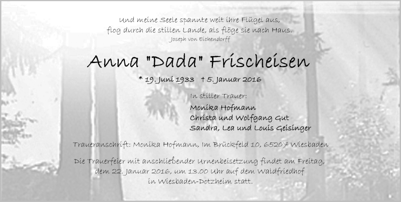  Traueranzeige für Anna Frischeisen vom 16.01.2016 aus  Wiesbaden komplett