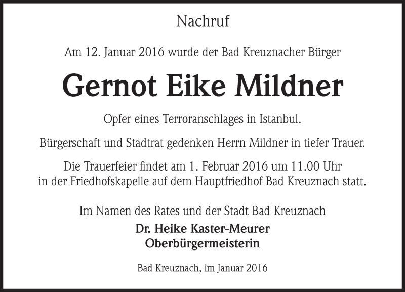  Traueranzeige für Gernot Eike Mildner vom 27.01.2016 aus  Allg. Zeitung Bad Kreuznach
