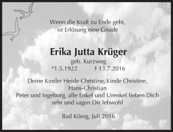 Traueranzeige von Erika Jutta Krüger von Trauerportal Echo Online
