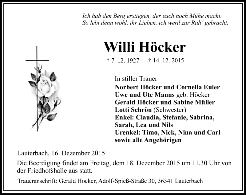  Traueranzeige für Willi Höcker vom 16.12.2015 aus VRM Trauer