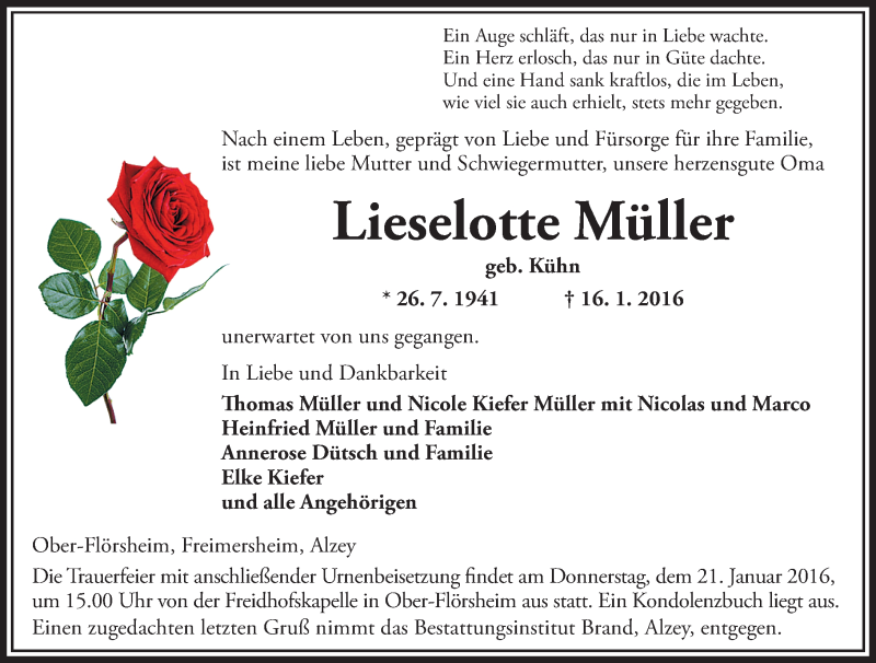  Traueranzeige für Lieselotte Müller vom 18.01.2016 aus  Allgemeine Zeitung Alzey