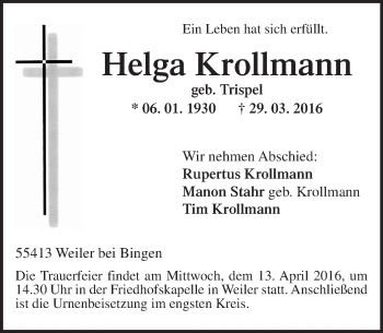Traueranzeige von Helga Krollmann von  Allgemeine  Zeitung Ingelheim-Bingen