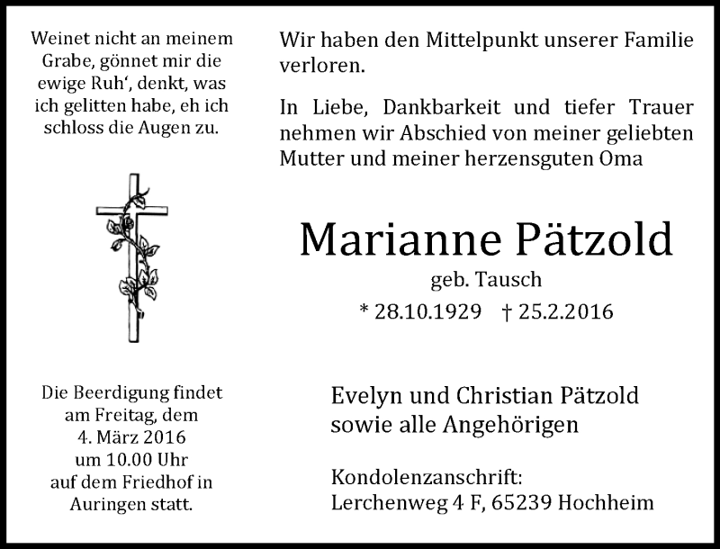  Traueranzeige für Marianne Pätzold vom 02.03.2016 aus  Wiesbaden komplett
