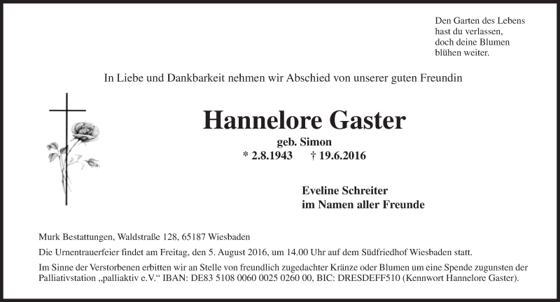  Traueranzeige für Hannelore Gaster vom 16.07.2016 aus Trauerportal Rhein Main Presse