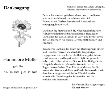 Traueranzeige von Hannelore Müller von  Allgemeine  Zeitung Ingelheim-Bingen