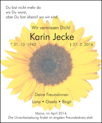 Traueranzeige von Karin Jecke von  Allgemeine Zeitung Mainz