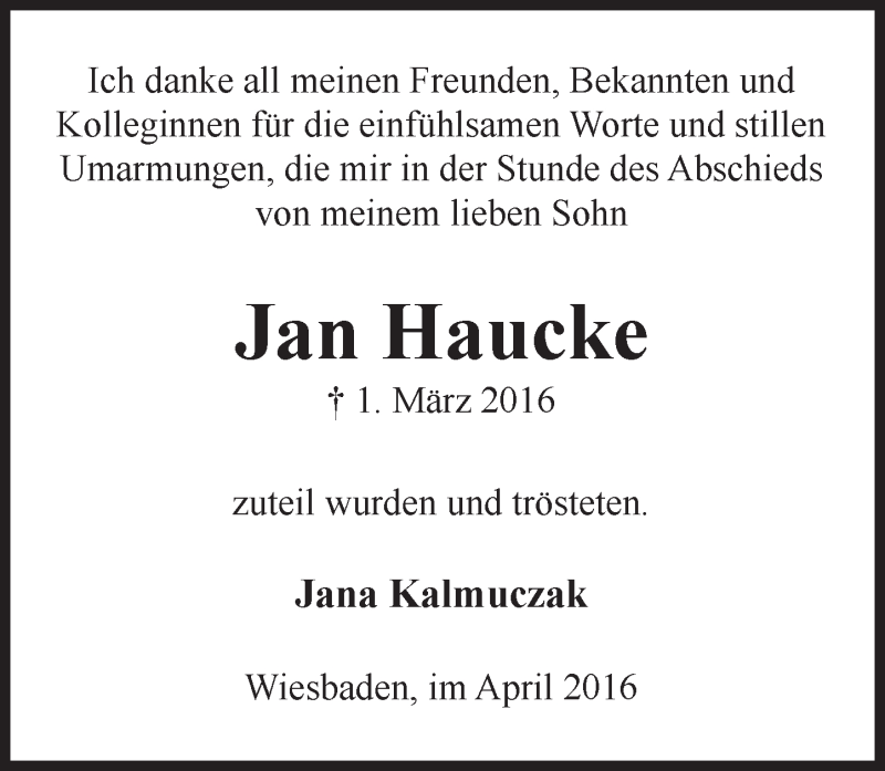  Traueranzeige für Jan Haucke vom 02.04.2016 aus  Wiesbaden komplett