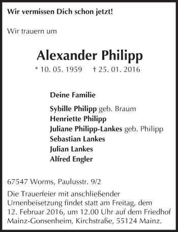 Traueranzeige von Alexander Philipp von  Wormser Zeitung