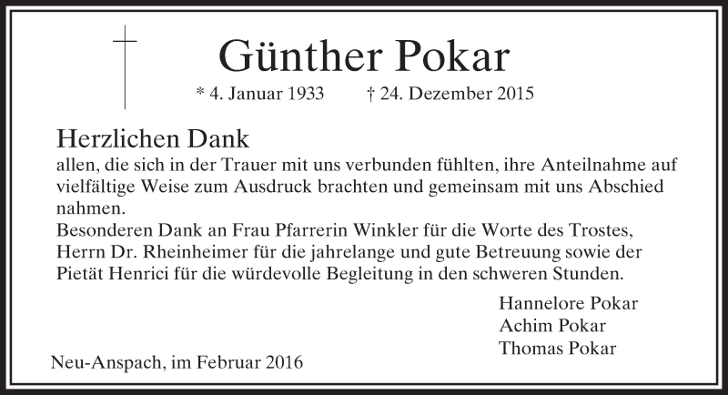  Traueranzeige für Günther Pokar vom 06.02.2016 aus  Usinger Anzeiger