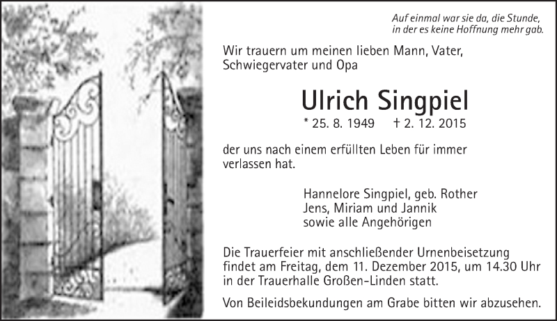  Traueranzeige für Ulrich Singpiel vom 09.12.2015 aus  Gießener Anzeiger
