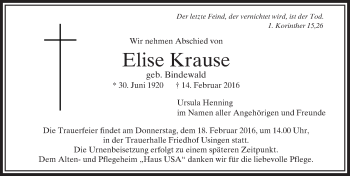Traueranzeige von Elise Krause von  Usinger Anzeiger