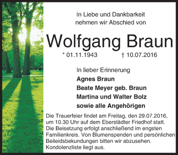 Traueranzeige von Wolfgang Braun von Trauerportal Echo Online