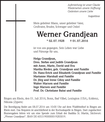 Traueranzeige von Werner Grandjean von Trauerportal Rhein Main Presse