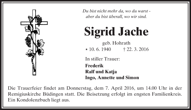  Traueranzeige für Sigrid Jache vom 02.04.2016 aus  Kreisanzeiger