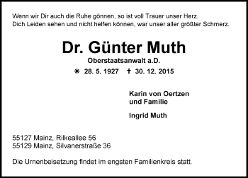 Traueranzeige von Günter Muth von  Allgemeine Zeitung Mainz
