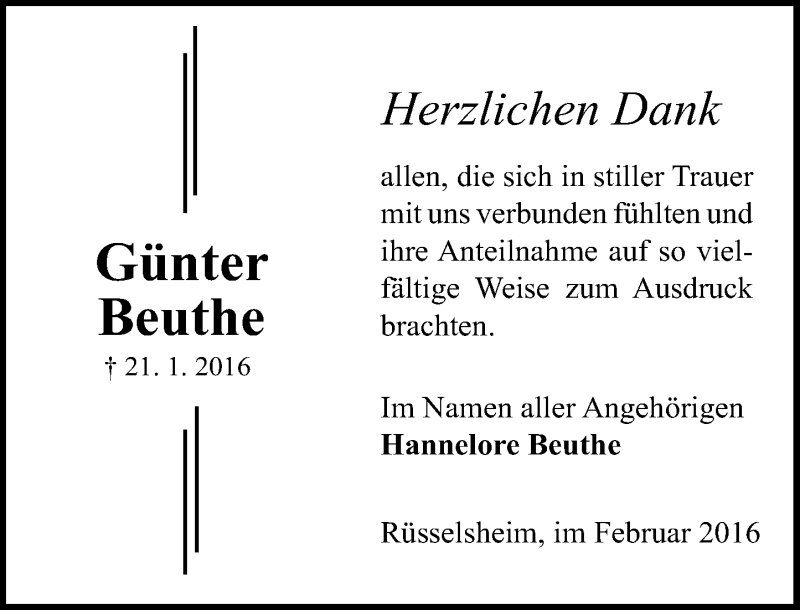  Traueranzeige für Günter Beuthe vom 13.02.2016 aus  Mainspitze