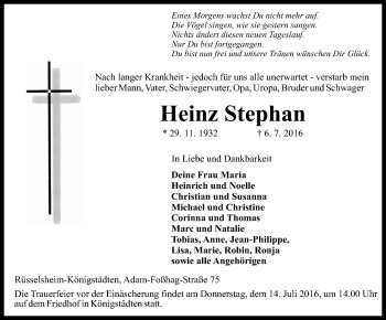 Traueranzeige von Heinz Stephan von Trauerportal Rhein Main Presse