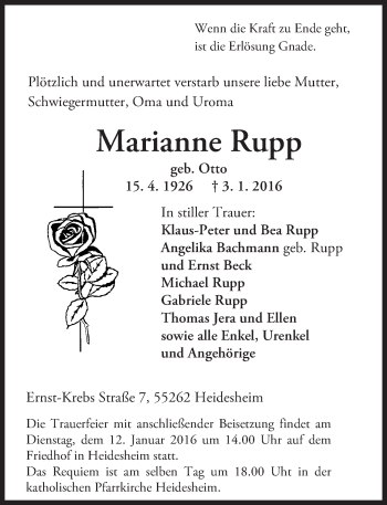 Traueranzeige von Marianne Rupp von  Allgemeine Zeitung Mainz