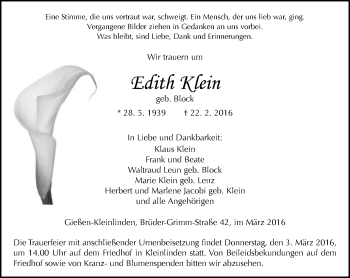 Traueranzeige von Edith Klein von  Gießener Anzeiger