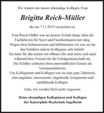 Traueranzeige von Brigitta Reich-Müller von  Allgemeine  Zeitung Ingelheim-Bingen