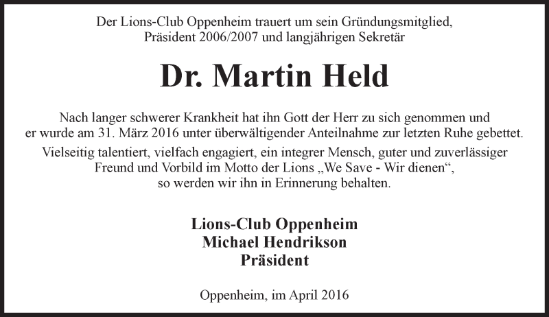  Traueranzeige für Martin Held vom 02.04.2016 aus  Allgemeine Zeitung Mainz