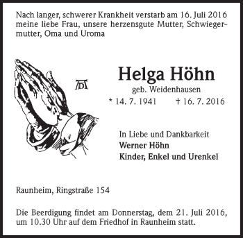 Traueranzeige von Helga Höhn von Trauerportal Rhein Main Presse