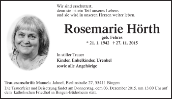Traueranzeige von Rosemarie Hörth von  Allgemeine  Zeitung Ingelheim-Bingen