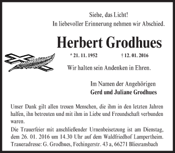 Traueranzeige von Herbert Grodhues von  Bürstädter Zeitung