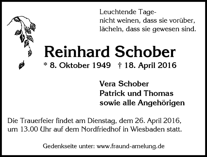  Traueranzeige für Reinhard Schober vom 23.04.2016 aus  Wiesbaden komplett