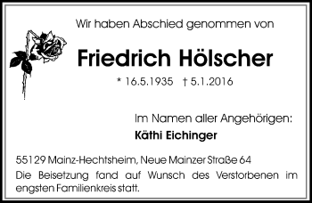 Traueranzeige von Friedrich Hölscher von  Allgemeine Zeitung Mainz