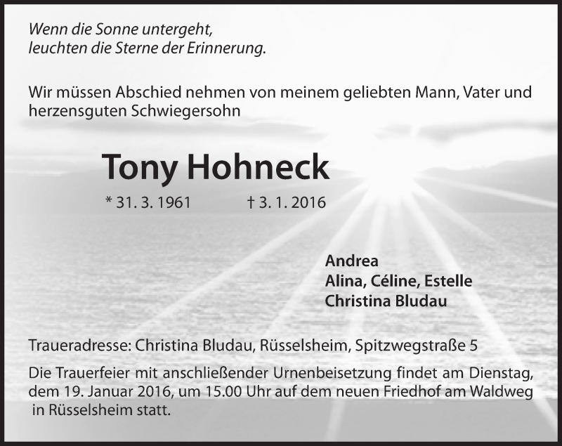  Traueranzeige für Tony Hohneck vom 16.01.2016 aus  Mainspitze