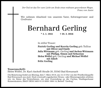 Traueranzeige von Bernhard Gerling von  Allg. Zeitung Bad Kreuznach