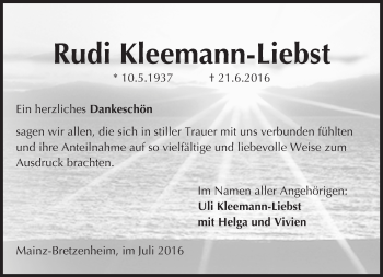 Traueranzeige von Rudi Kleemann-Liebst von Trauerportal Rhein Main Presse