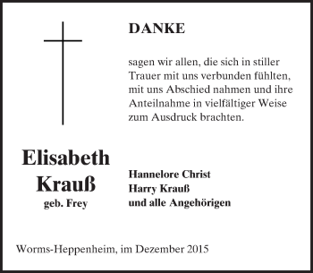 Traueranzeige von Elisabeth Krauß von  Wormser Zeitung