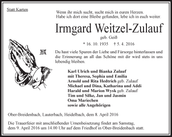 Traueranzeige von Irmgard Weitzel-Zulauf von VRM Trauer