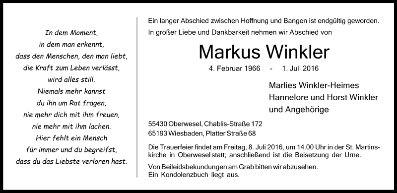  Traueranzeige für Markus Winkler vom 06.07.2016 aus Trauerportal Rhein Main Presse