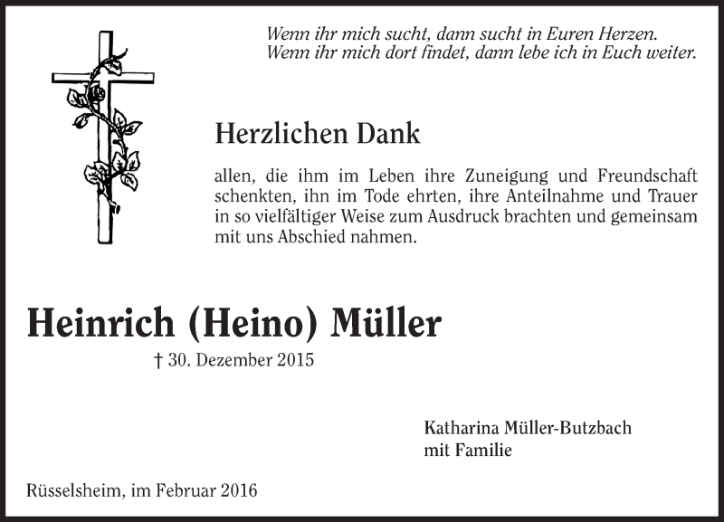  Traueranzeige für Heinrich Müller vom 06.02.2016 aus  Mainspitze