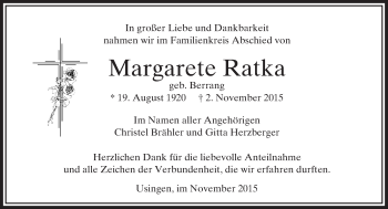 Traueranzeige von Margarete Ratka von  Usinger Anzeiger