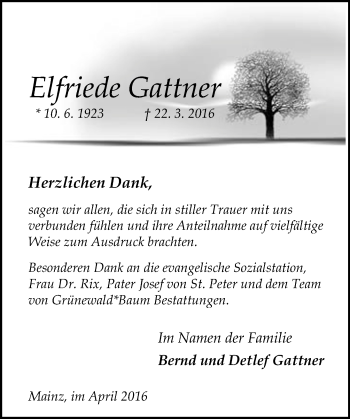 Traueranzeige von Elfriede Gattner von  Allgemeine Zeitung Mainz
