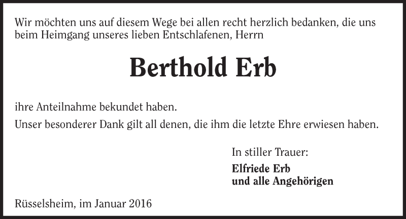  Traueranzeige für Berthold Erb vom 09.01.2016 aus  Mainspitze