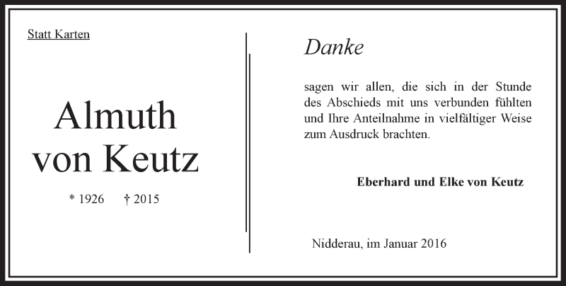  Traueranzeige für Almuth von Keutz vom 16.01.2016 aus  OK Oberhessen Kurier