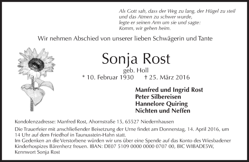  Traueranzeige für Sonja Rost vom 09.04.2016 aus  Wiesbaden komplett