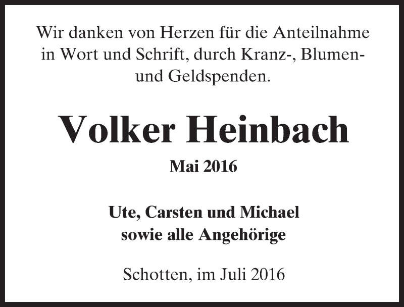  Traueranzeige für Volker Heinbach vom 02.07.2016 aus  Kreisanzeiger