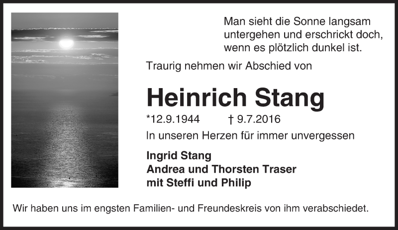  Traueranzeige für Heinrich Stang vom 16.07.2016 aus Trauerportal Echo Online