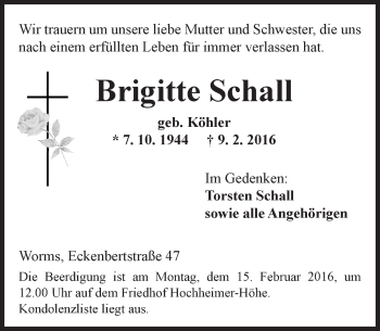 Traueranzeige von Brigitte Schall von  Wormser Zeitung