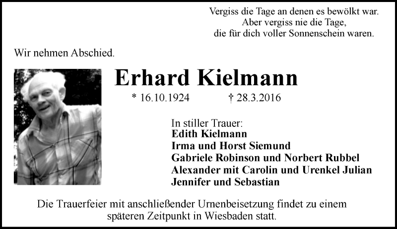  Traueranzeige für Erhard Kielmann vom 06.04.2016 aus  Wiesbaden komplett