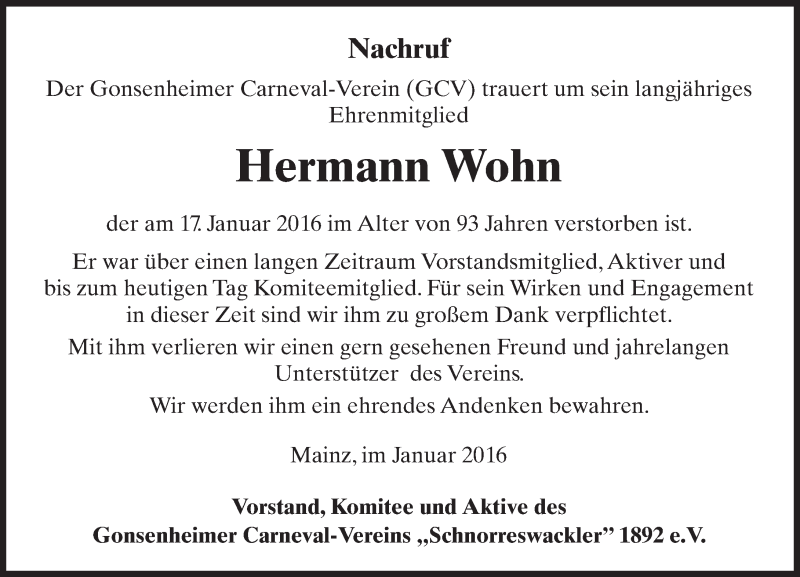  Traueranzeige für Hermann Wohn vom 20.01.2016 aus trauer.rmp.de