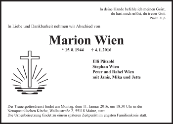 Traueranzeige von Marion Wien von  Allgemeine Zeitung Mainz