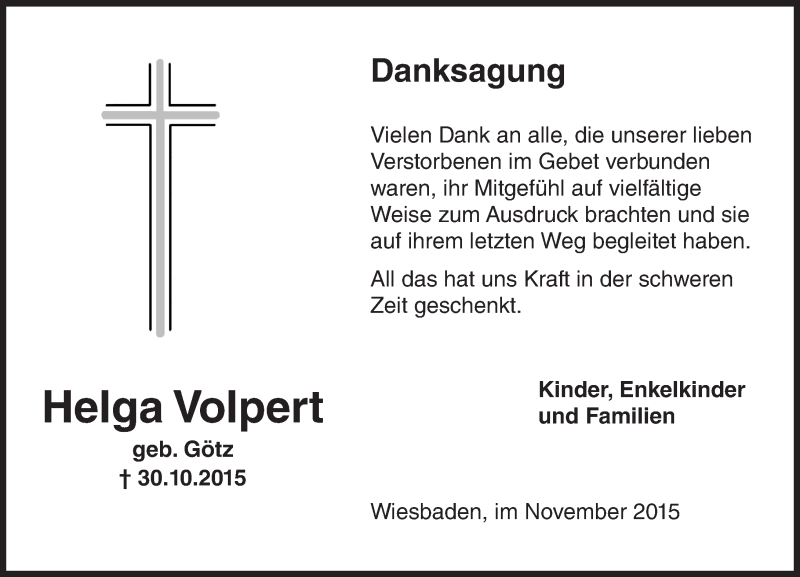  Traueranzeige für Helga Volpert vom 21.11.2015 aus  Wiesbaden komplett